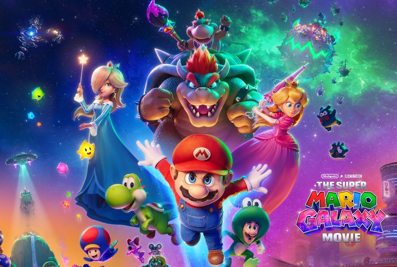 Arte oficial de The Super Mario Galaxy Movie, com Mario, Bowser, Rosalina, Peach e Yoshi. Divulgação: Nintendo