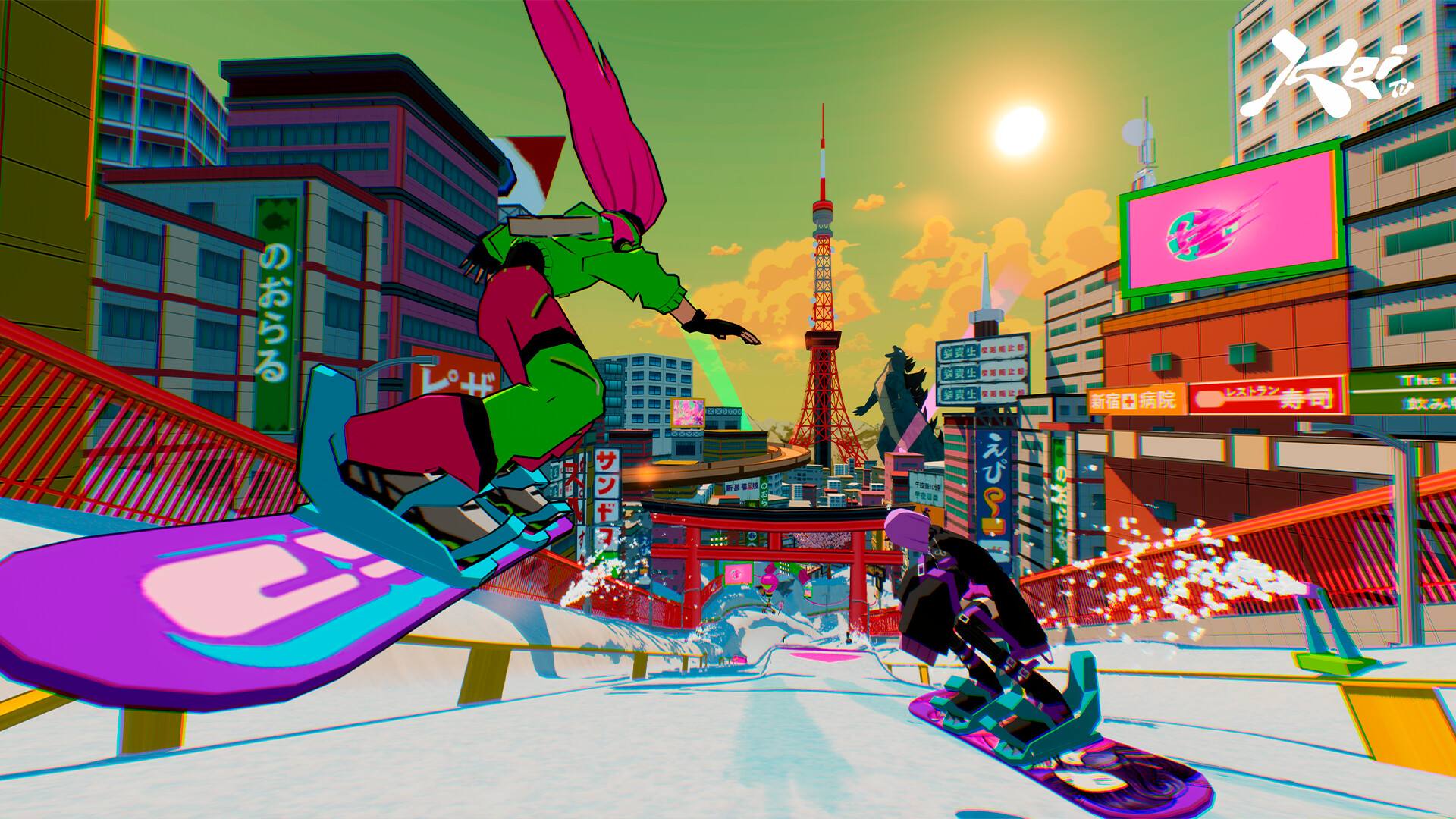 Dois riders descem pista urbana de HYPERyuki, com Tóquio ao fundo — Divulgação: Acclaim / Wabisabi Games