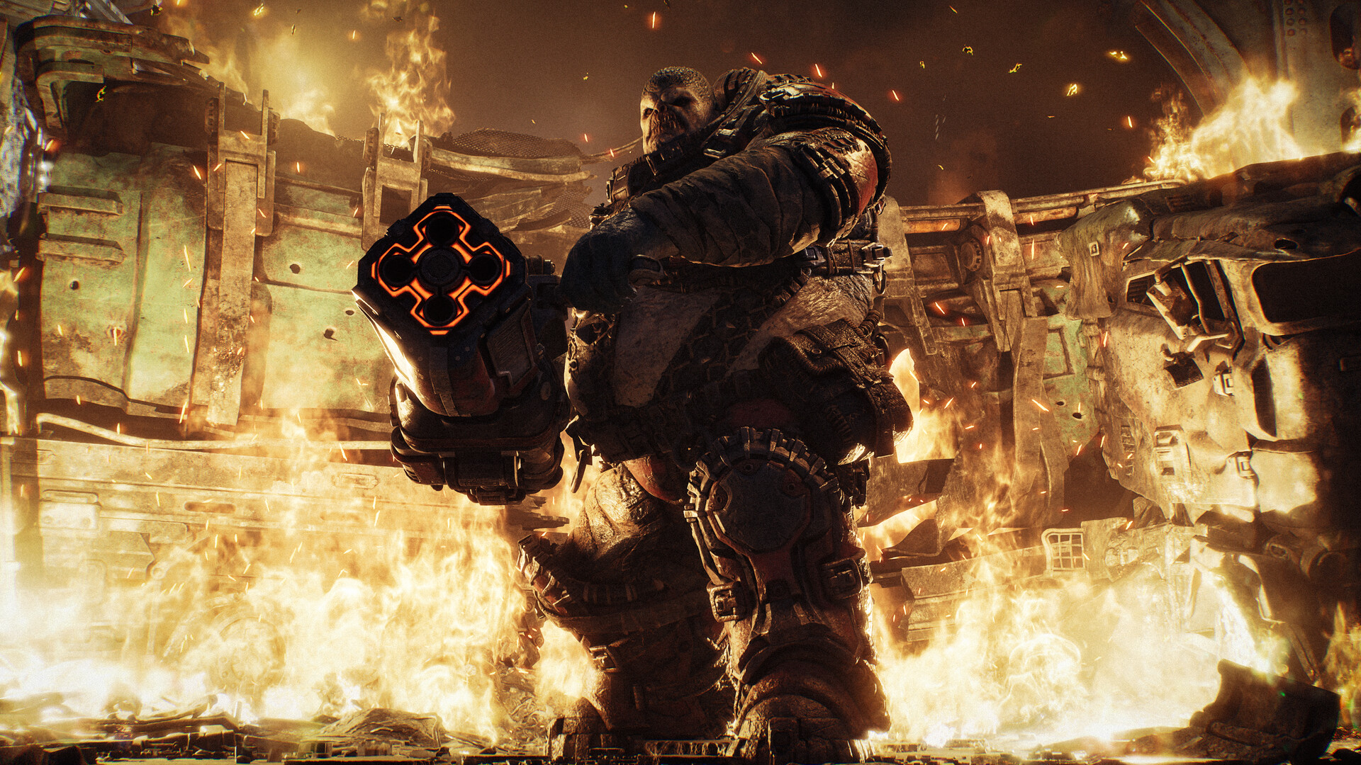 Inimigo colossal encara o esquadrão em rua em ruínas na campanha de Gears of War: E-Day — Divulgação: The Coalition/Steam