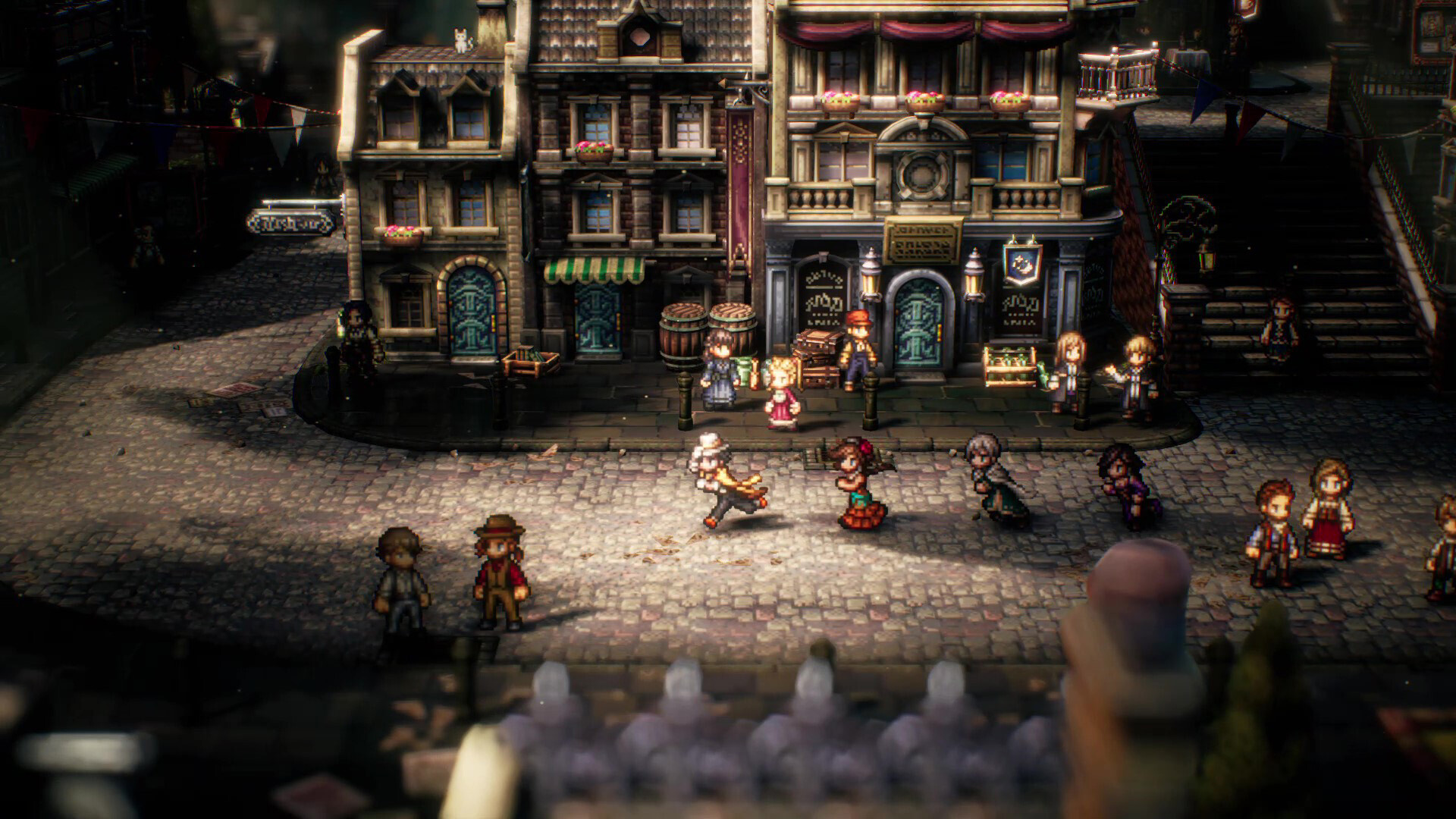 Octopath Traveler II: a praça noturna de New Delsta em HD-2D, cena do jogo no Switch 2 (Divulgação: Square Enix/Steam)